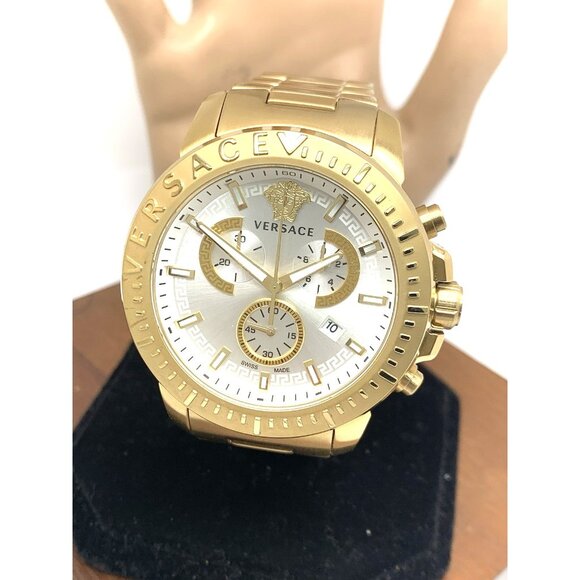 Versace Men's Watch VE2E00521 Swiss Quartz Chronograph Silver Dial Gold Steel - Picture 1 of 15